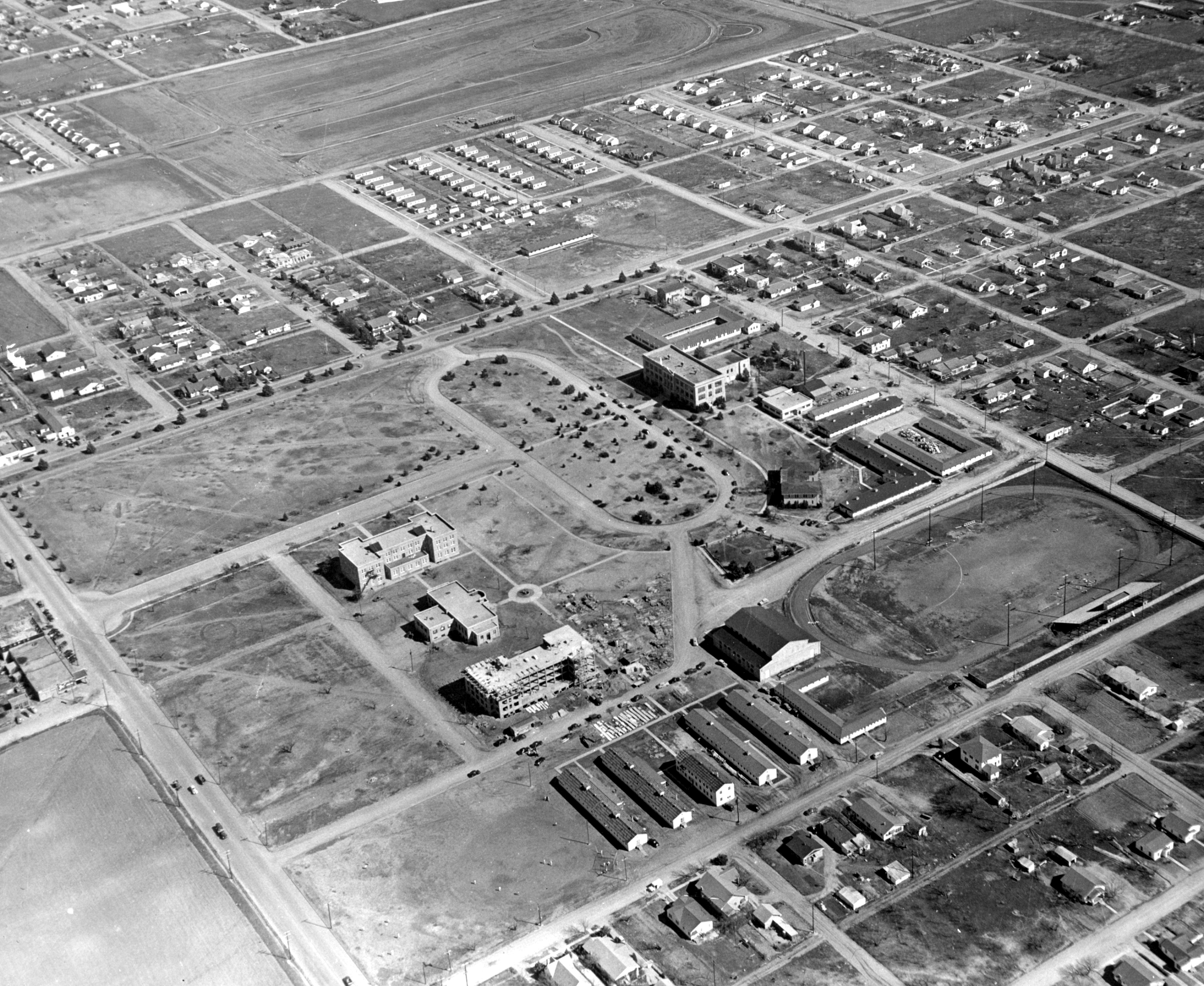 Campus aerial view c1948, Gold Star under construction